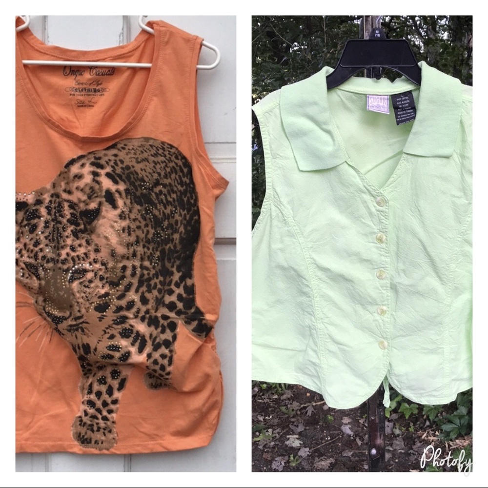 Onque Casuals Leopard Ruched Tank Top L & Sleeveless Green Tie Back Button Top L - Picture 8 of 14